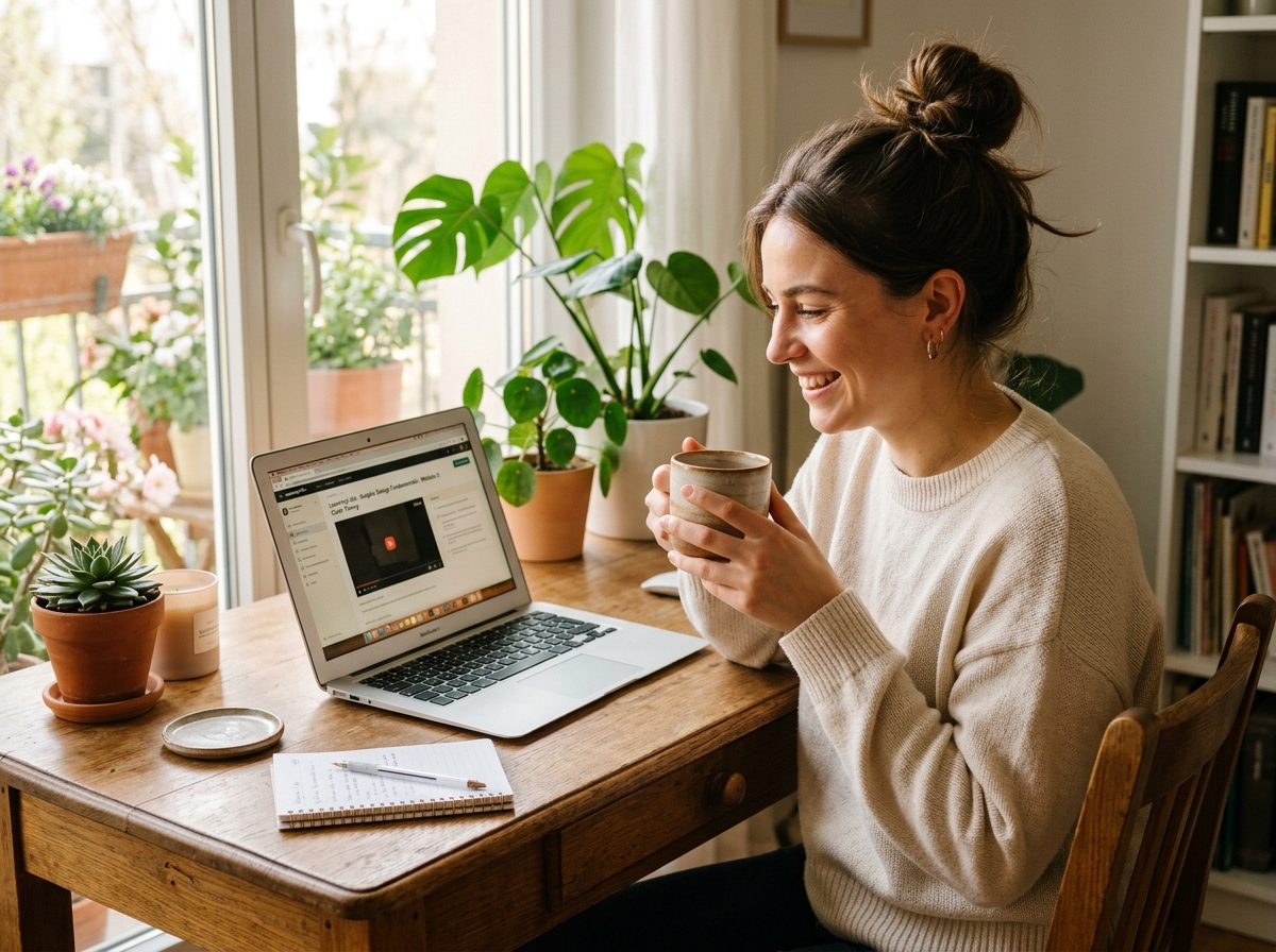 Chica contenta y productiva ejecutando con su café