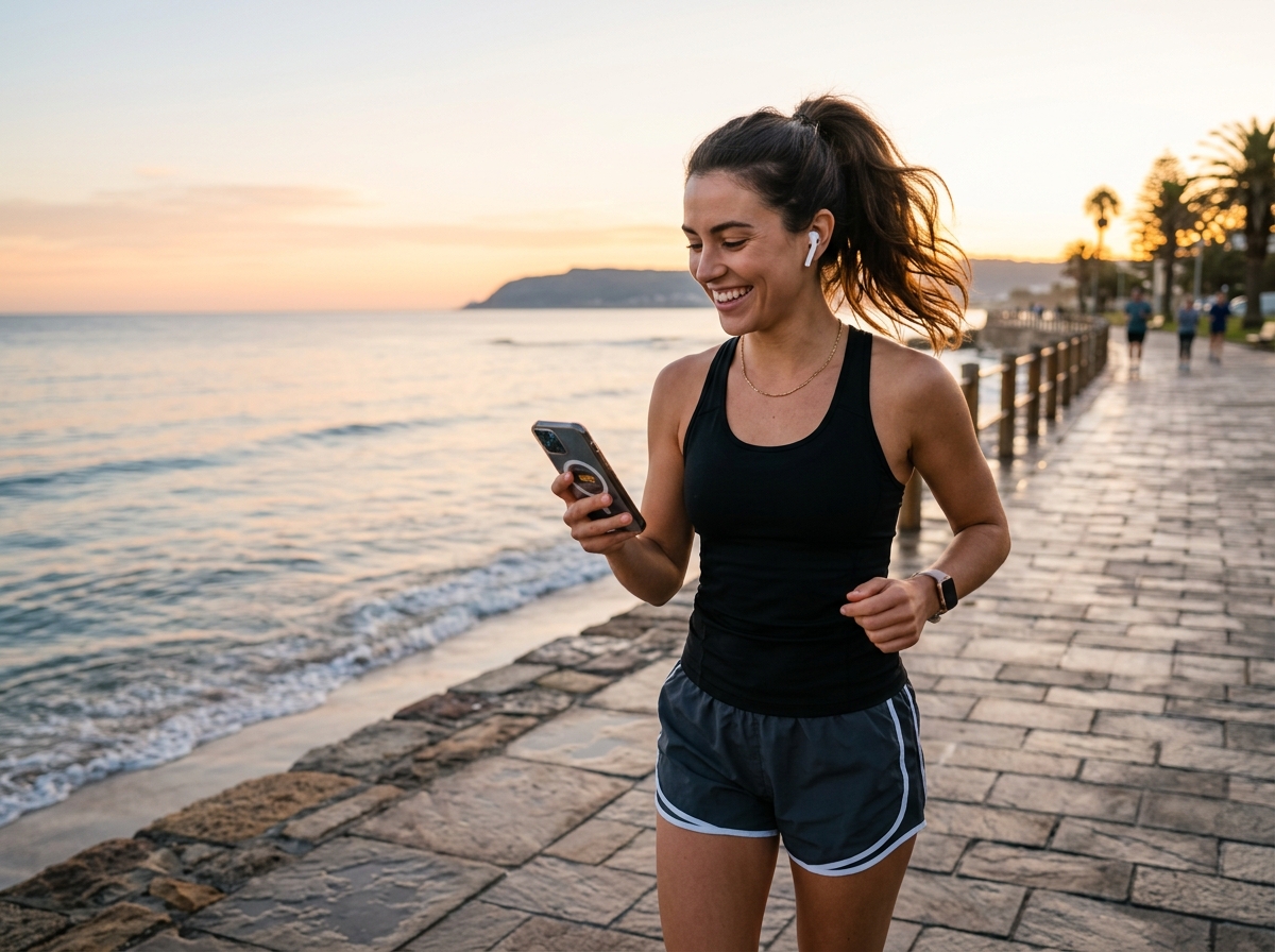 Chica escuchando su podcast con auriculares en el paseo marítimo al amanecer